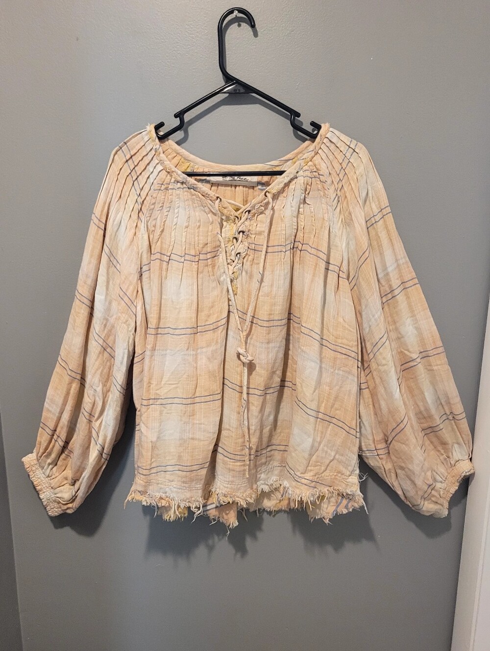 We The Free Boho Peach Plaid Lace-Up Peasant Tunic Top Sz Sm Oversized